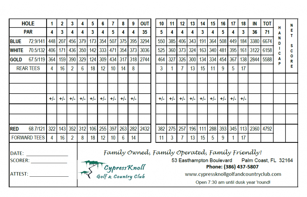 Scorecard Cypress Knoll Golf Course